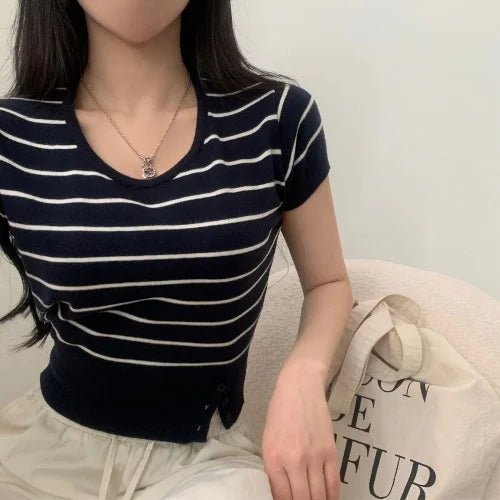 Women's Striped Knit Top – Viscose Round Neck Short Sleeve Sweater - VeauBeauty