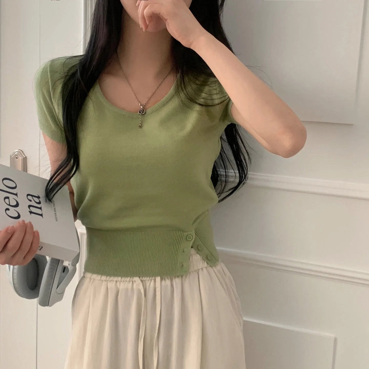 Women's Striped Knit Top – Viscose Round Neck Short Sleeve Sweater - VeauBeauty