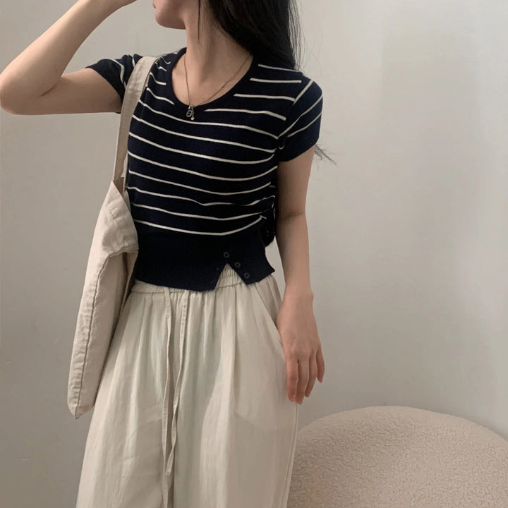 Women's Striped Knit Top – Viscose Round Neck Short Sleeve Sweater - VeauBeauty