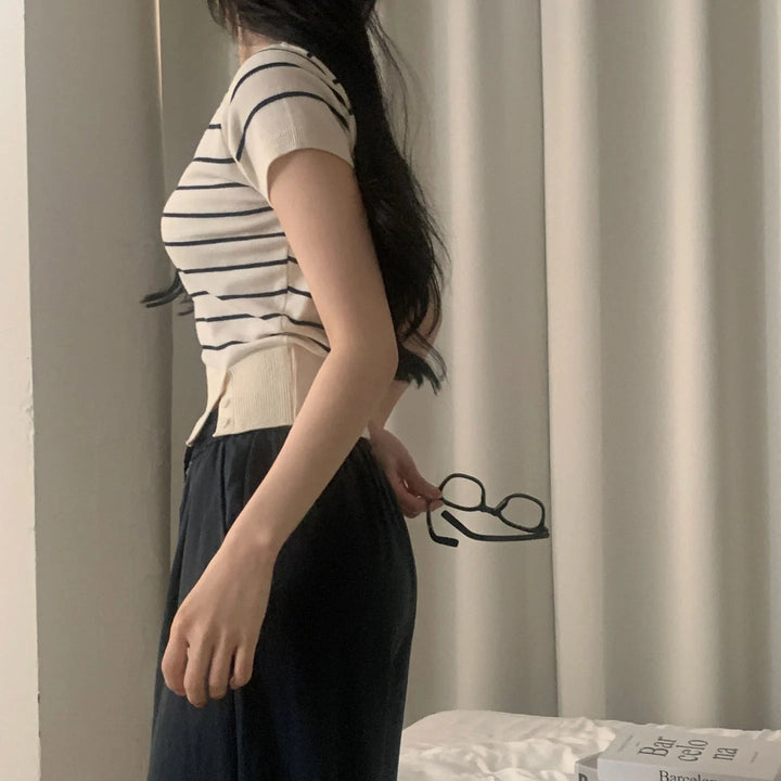 Women's Striped Knit Top – Viscose Round Neck Short Sleeve Sweater - VeauBeauty
