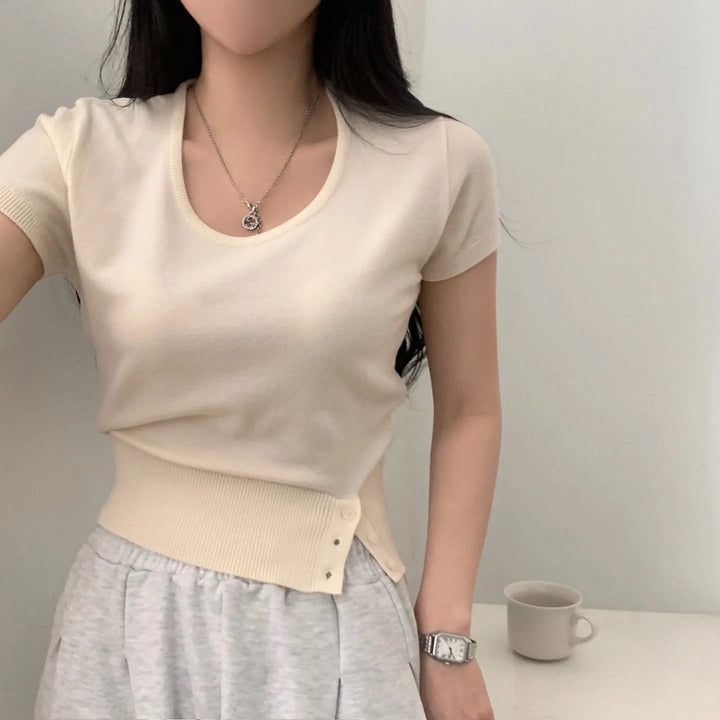 Women's Striped Knit Top – Viscose Round Neck Short Sleeve Sweater - VeauBeauty