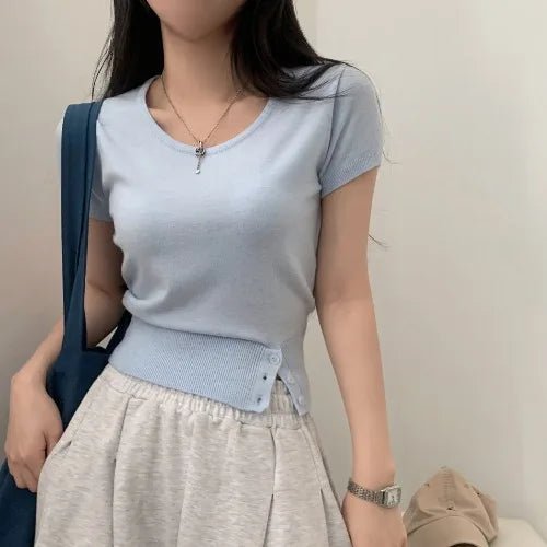 Women's Striped Knit Top – Viscose Round Neck Short Sleeve Sweater - VeauBeauty