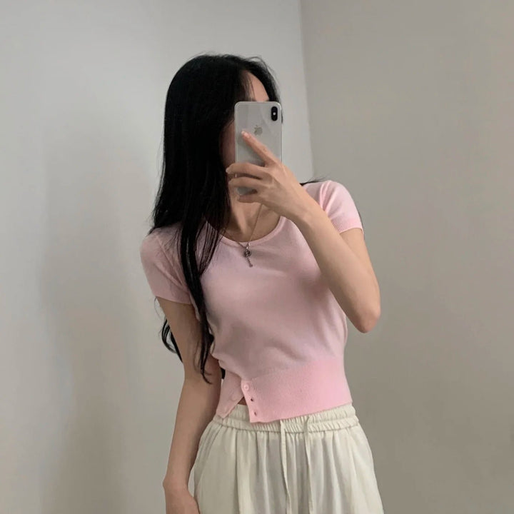 Women's Striped Knit Top – Viscose Round Neck Short Sleeve Sweater - VeauBeauty