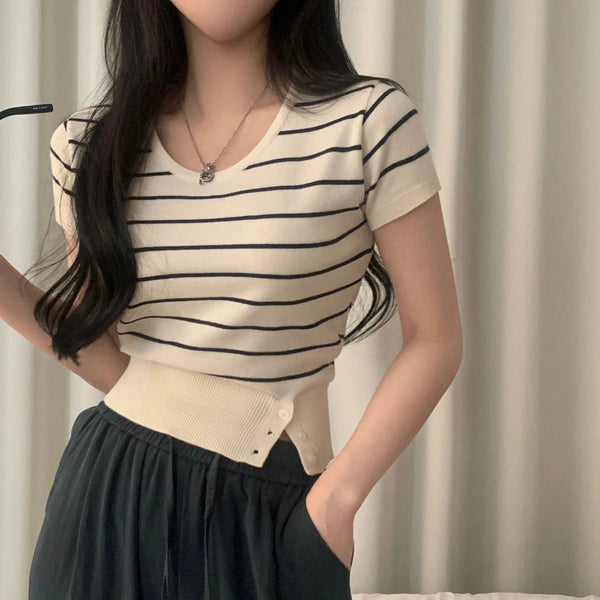 Women's Striped Knit Top – Viscose Round Neck Short Sleeve Sweater - VeauBeauty