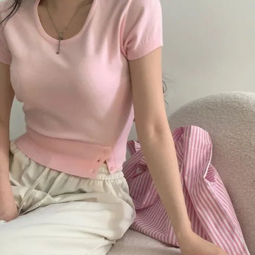 Women's Striped Knit Top – Viscose Round Neck Short Sleeve Sweater - VeauBeauty