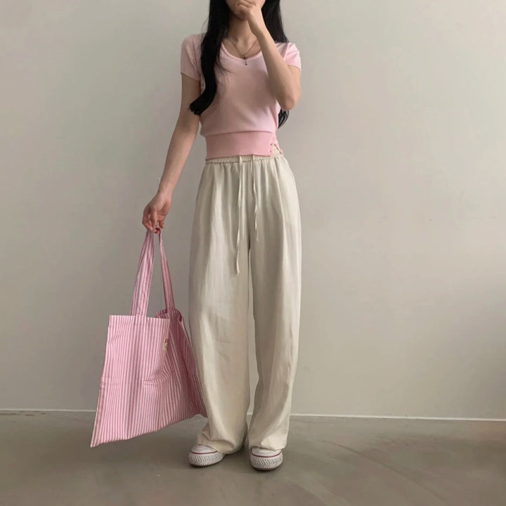 Women's Striped Knit Top – Viscose Round Neck Short Sleeve Sweater - VeauBeauty