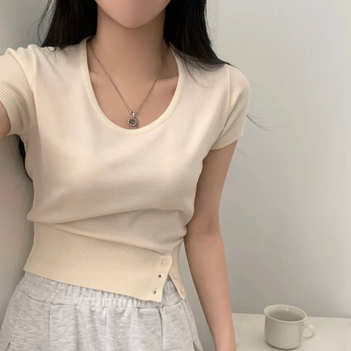 Women's Striped Knit Top – Viscose Round Neck Short Sleeve Sweater - VeauBeauty