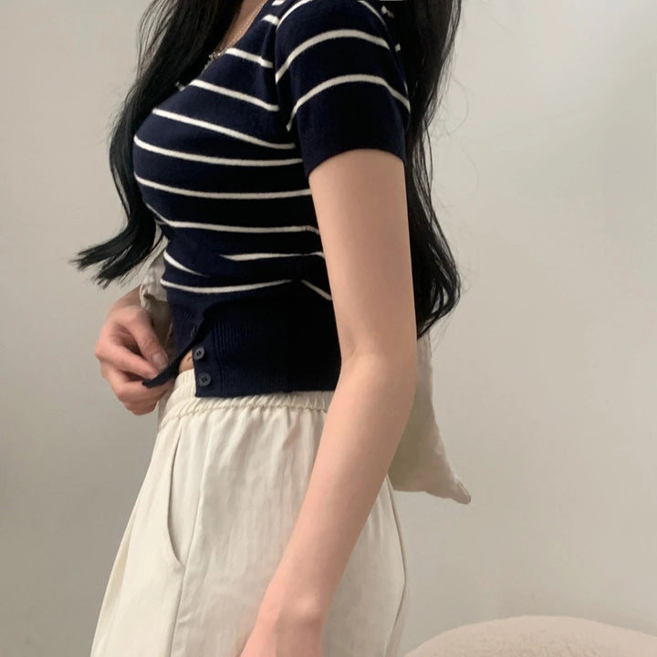 Women's Striped Knit Top – Viscose Round Neck Short Sleeve Sweater - VeauBeauty