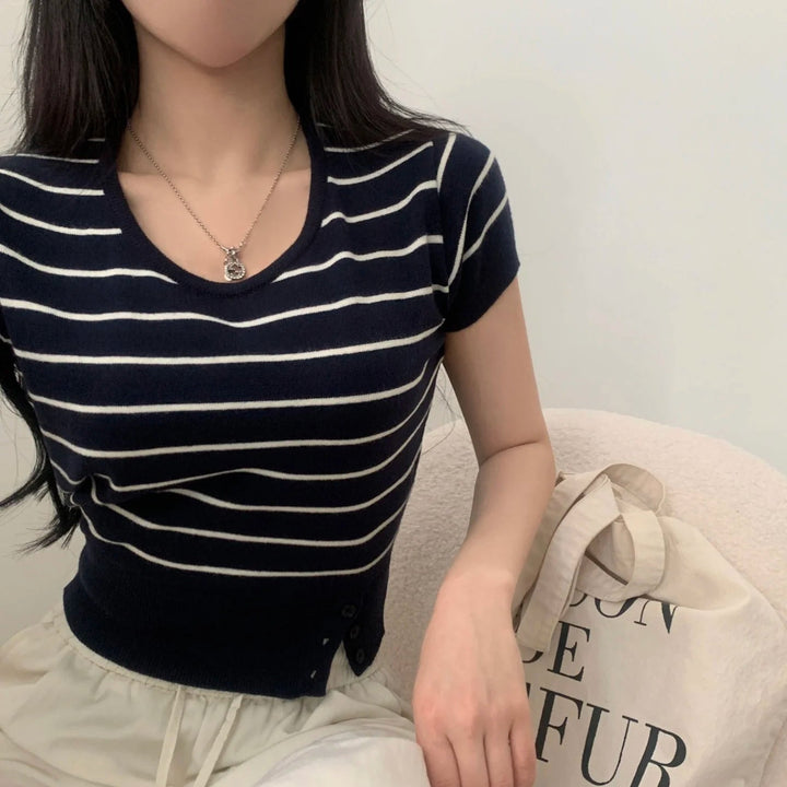 Women's Striped Knit Top – Viscose Round Neck Short Sleeve Sweater - VeauBeauty