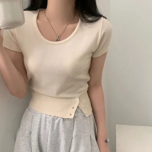 Women's Striped Knit Top – Viscose Round Neck Short Sleeve Sweater - VeauBeauty