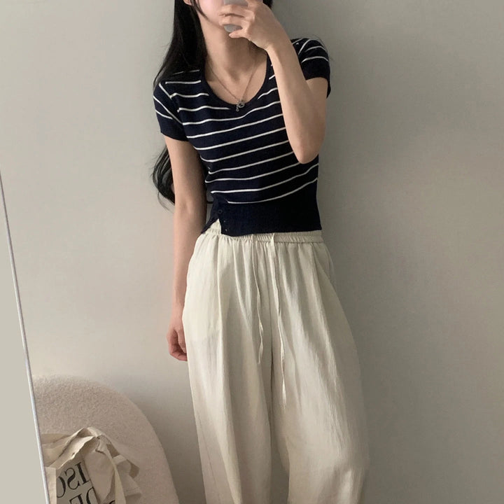 Women's Striped Knit Top – Viscose Round Neck Short Sleeve Sweater - VeauBeauty