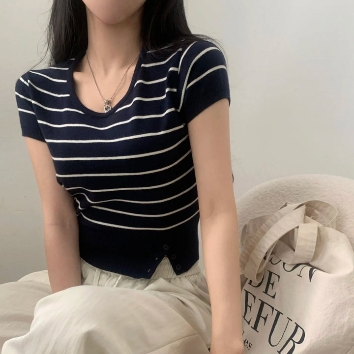 Women's Striped Knit Top – Viscose Round Neck Short Sleeve Sweater - VeauBeauty