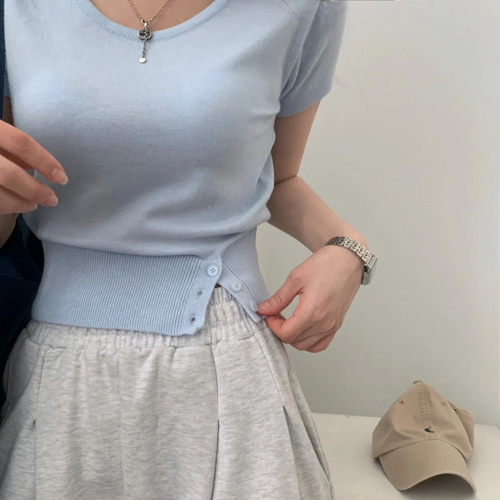 Women's Striped Knit Top – Viscose Round Neck Short Sleeve Sweater - VeauBeauty