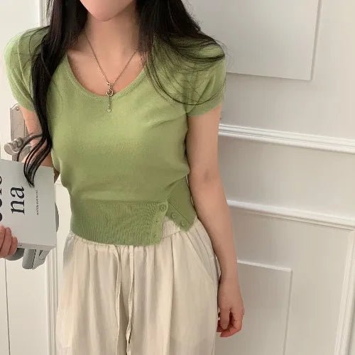 Women's Striped Knit Top – Viscose Round Neck Short Sleeve Sweater - VeauBeauty