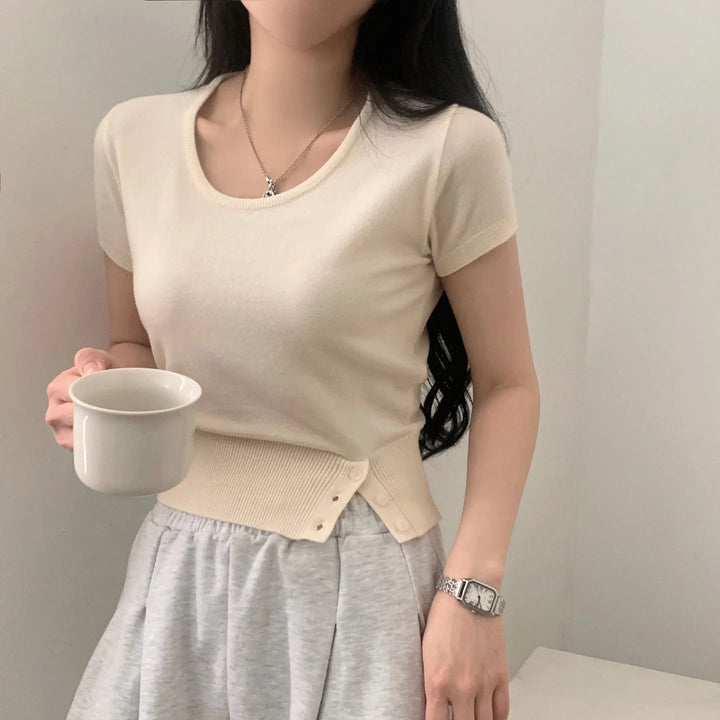 Women's Striped Knit Top – Viscose Round Neck Short Sleeve Sweater - VeauBeauty