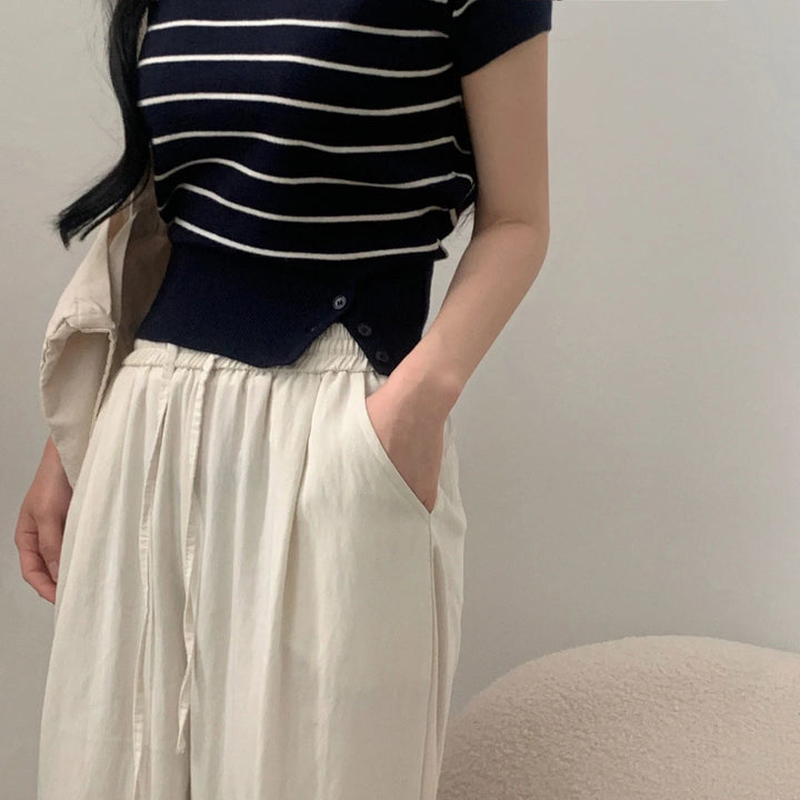 Women's Striped Knit Top – Viscose Round Neck Short Sleeve Sweater - VeauBeauty