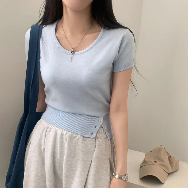 Women's Striped Knit Top – Viscose Round Neck Short Sleeve Sweater - VeauBeauty