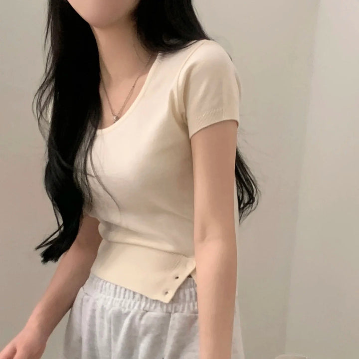 Women's Striped Knit Top – Viscose Round Neck Short Sleeve Sweater - VeauBeauty