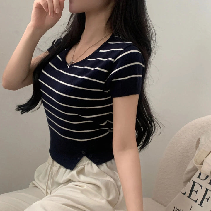 Women's Striped Knit Top – Viscose Round Neck Short Sleeve Sweater - VeauBeauty