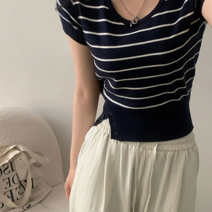 Women's Striped Knit Top – Viscose Round Neck Short Sleeve Sweater - VeauBeauty