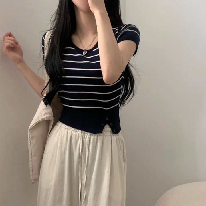 Women's Striped Knit Top – Viscose Round Neck Short Sleeve Sweater - VeauBeauty