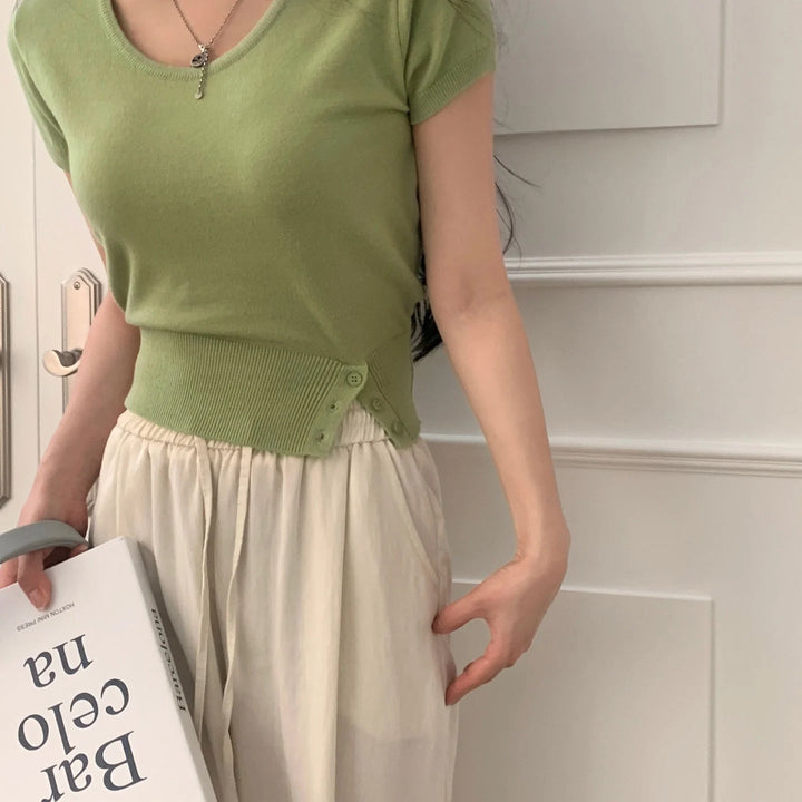 Women's Striped Knit Top – Viscose Round Neck Short Sleeve Sweater - VeauBeauty
