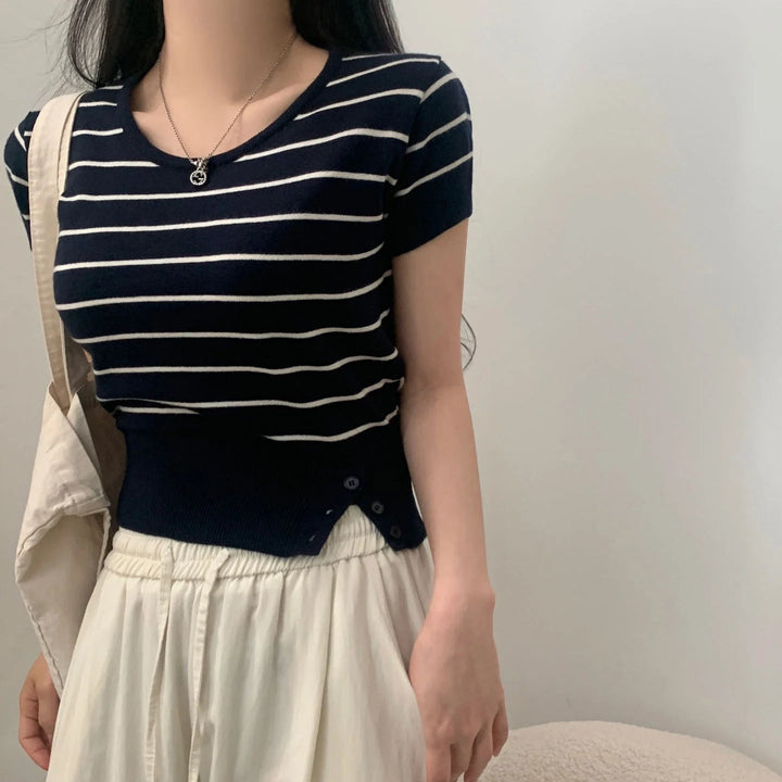 Women's Striped Knit Top – Viscose Round Neck Short Sleeve Sweater - VeauBeauty