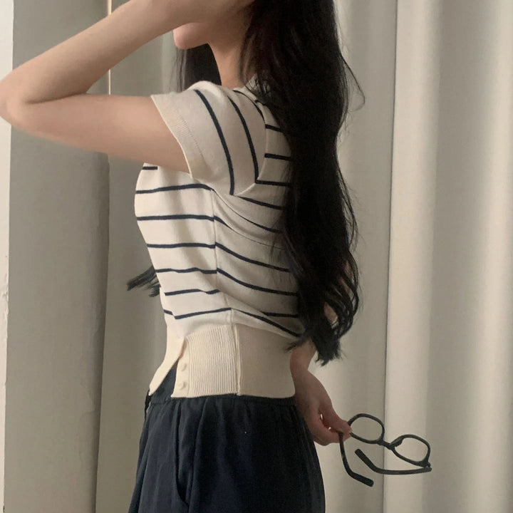 Women's Striped Knit Top – Viscose Round Neck Short Sleeve Sweater - VeauBeauty