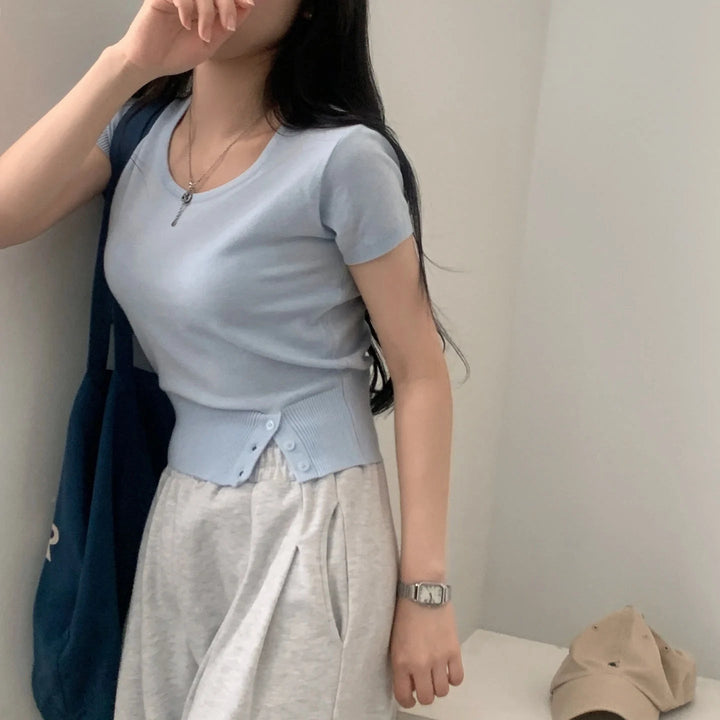 Women's Striped Knit Top – Viscose Round Neck Short Sleeve Sweater - VeauBeauty