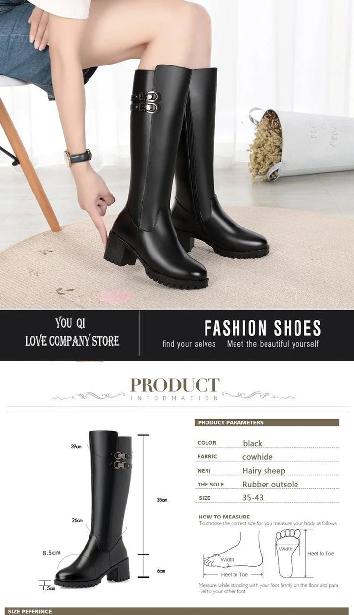 Women's Winter Wool Lined Mid - Calf Leather Boots - High Heel, Sizes 35–43 - VeauBeauty