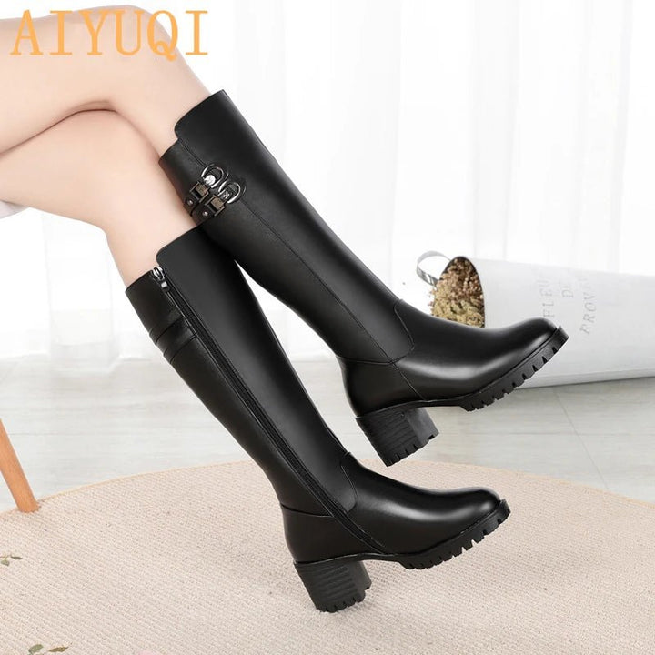 Women's Winter Wool Lined Mid - Calf Leather Boots - High Heel, Sizes 35–43 - VeauBeauty