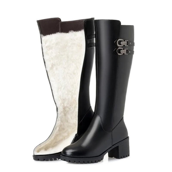 Women's Winter Wool Lined Mid - Calf Leather Boots - High Heel, Sizes 35–43 - VeauBeauty