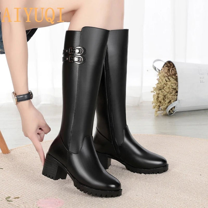 Women's Winter Wool Lined Mid - Calf Leather Boots - High Heel, Sizes 35–43 - VeauBeauty