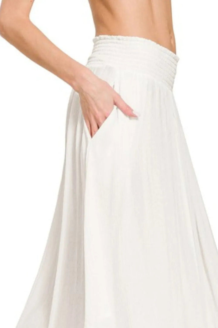 Zenana Woven Crinkle Smocked Waist Maxi Skirt W Pockets - VeauBeauty