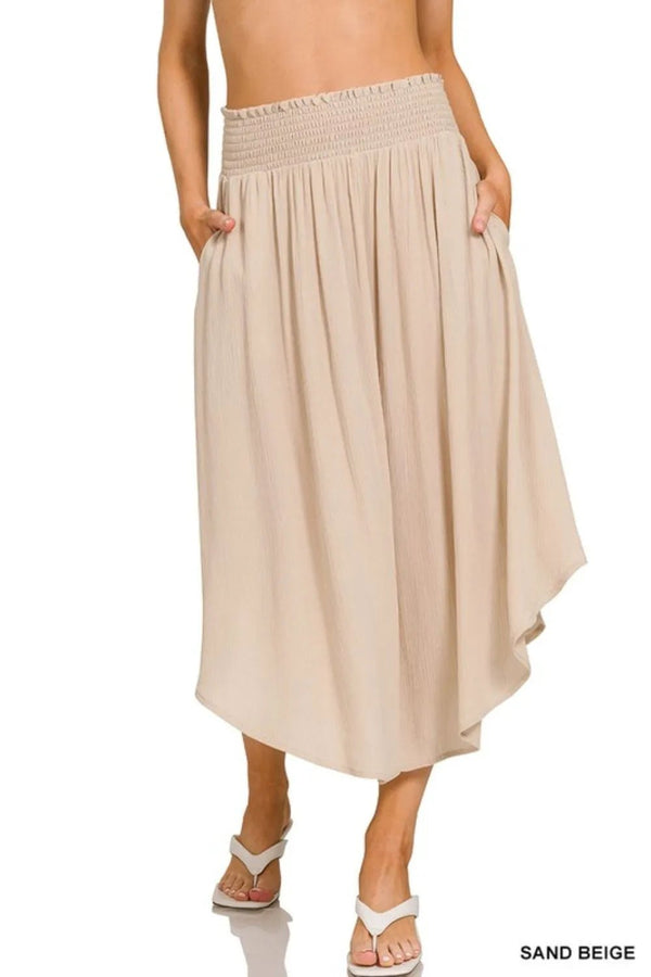 Zenana Woven Crinkle Smocked Waist Maxi Skirt W Pockets - VeauBeauty