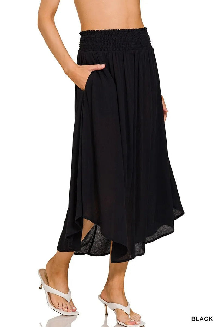 Zenana Woven Crinkle Smocked Waist Maxi Skirt W Pockets - VeauBeauty