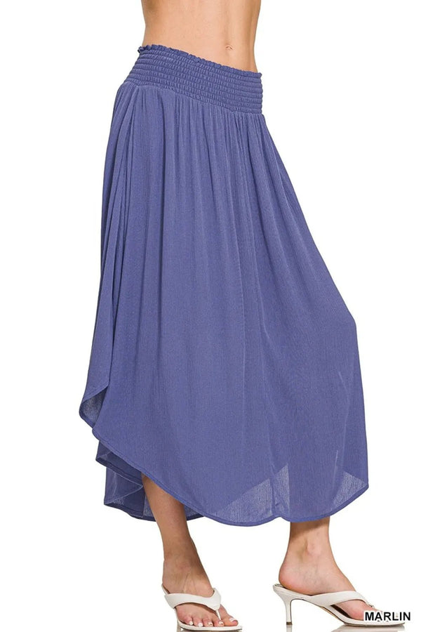 Zenana Woven Crinkle Smocked Waist Maxi Skirt W Pockets - VeauBeauty