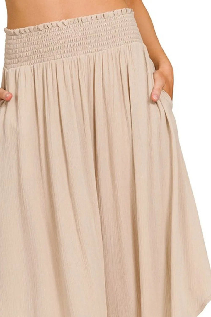 Zenana Woven Crinkle Smocked Waist Maxi Skirt W Pockets - VeauBeauty