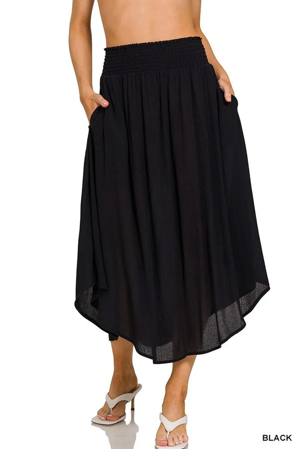 Zenana Woven Crinkle Smocked Waist Maxi Skirt W Pockets - VeauBeauty