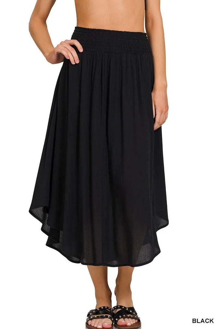 Zenana Woven Crinkle Smocked Waist Maxi Skirt W Pockets - VeauBeauty